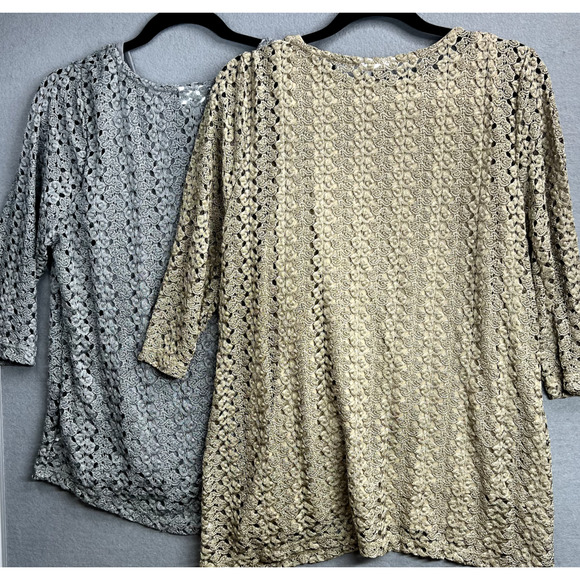 JM Collection Crocheted Lined Blouses Womens Lot/2 Large + Petite XL Gold Silver - Picture 2 of 13